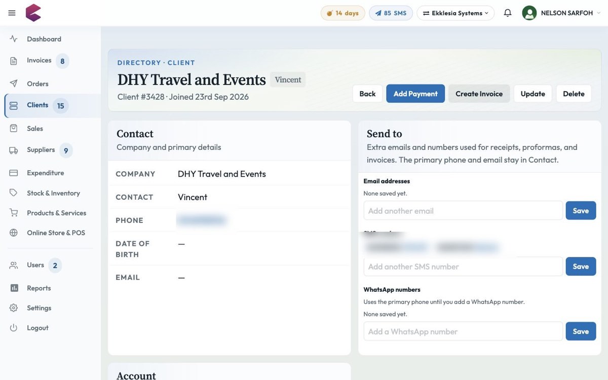 BlueQ client profile with balance and contact routing
