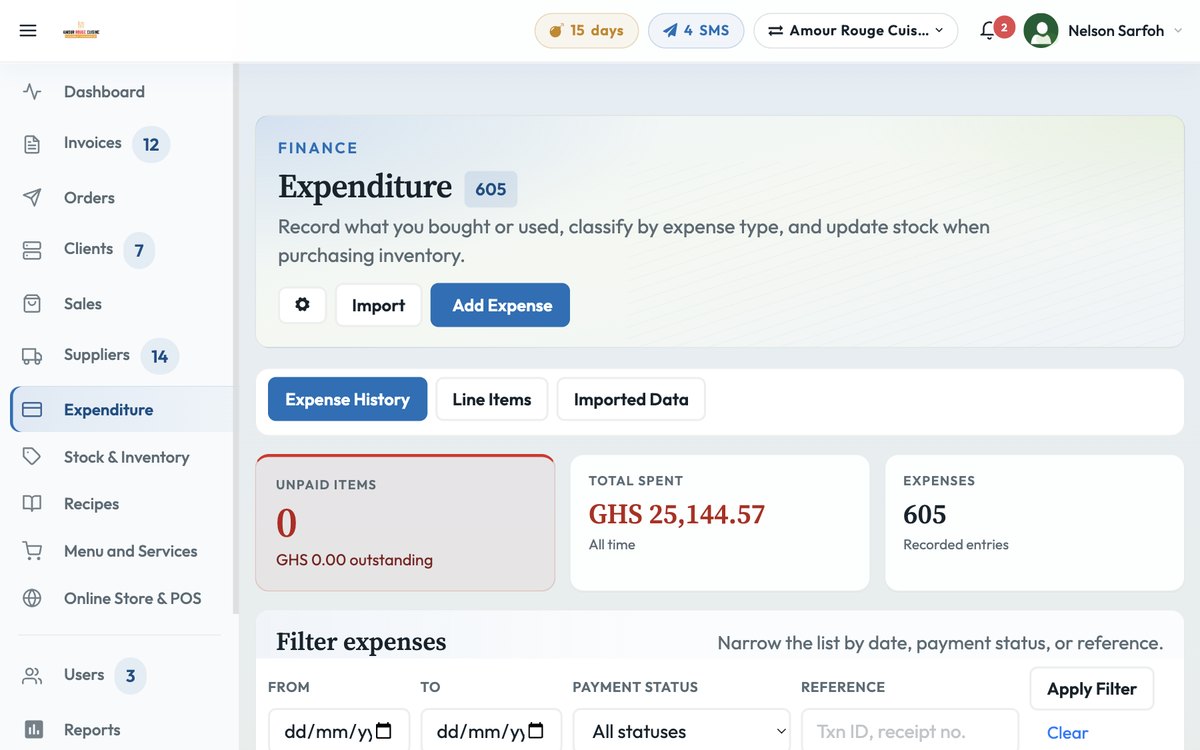BlueQ Expenses & suppliers screen