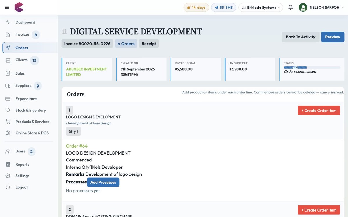 BlueQ orders grouped under an invoice with processes