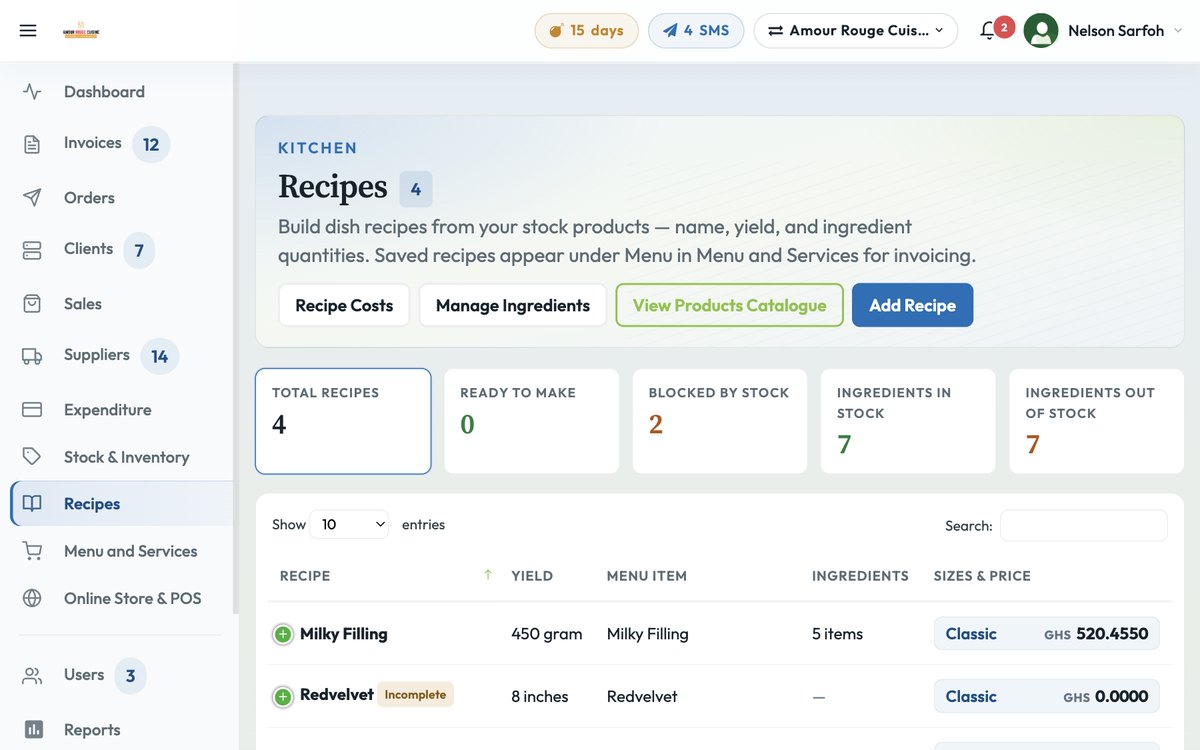 BlueQ Recipes (Formula) screen