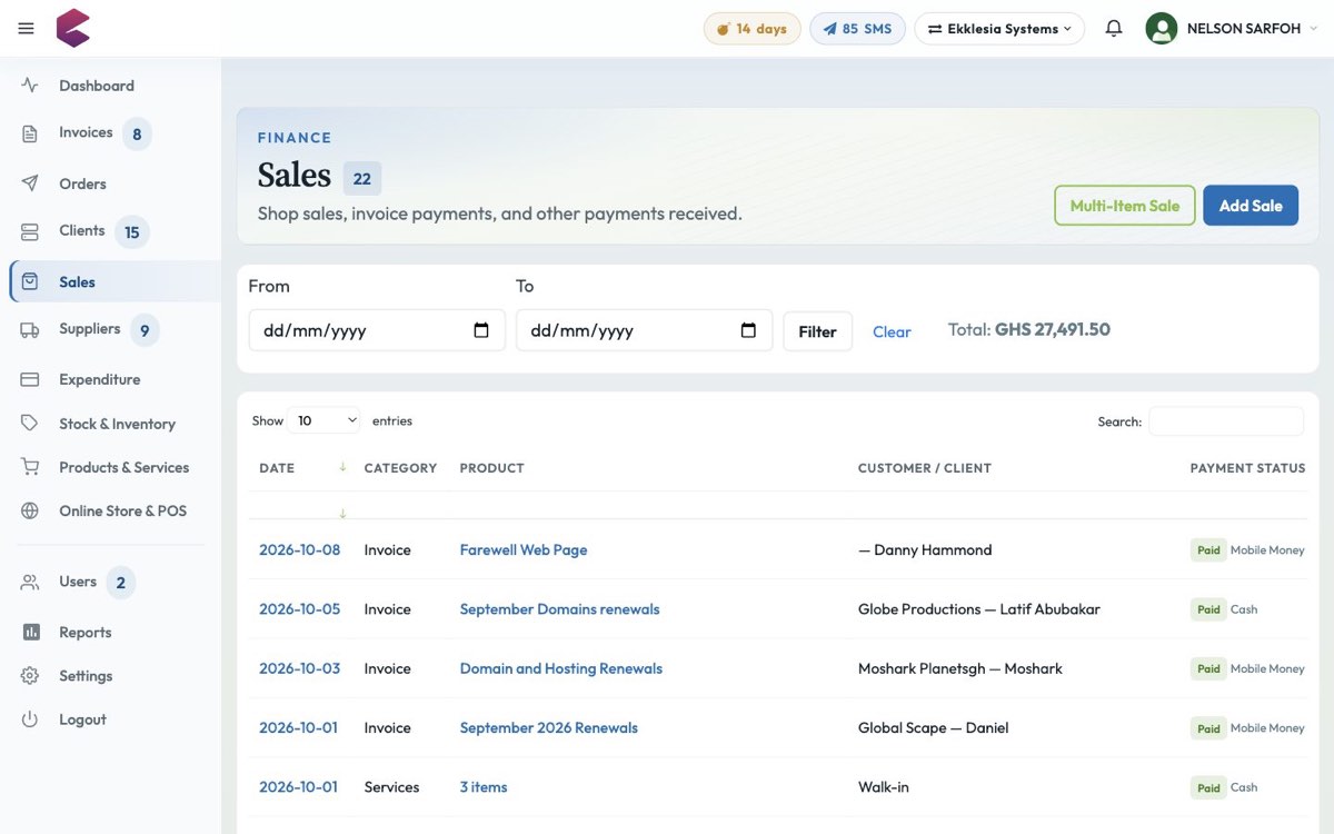 BlueQ sales ledger with daily totals